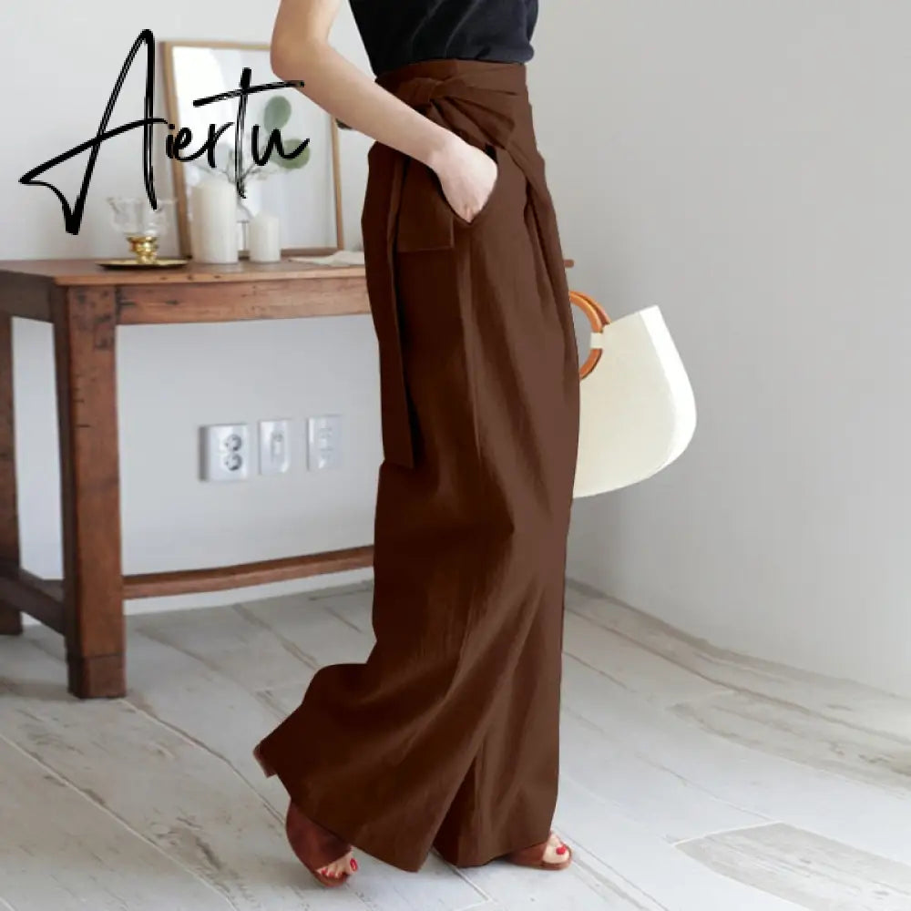 Aiertu Celmia Summer Breathable Cotton Long Pants Women Casual High Waist Lightweight Trouser Fashion Solid Wide Leg Pantalon Aiertu