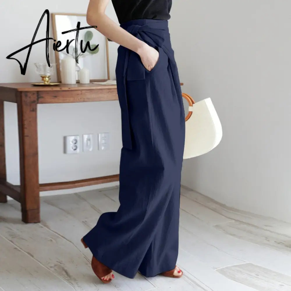 Aiertu Celmia Summer Breathable Cotton Long Pants Women Casual High Waist Lightweight Trouser Fashion Solid Wide Leg Pantalon Aiertu