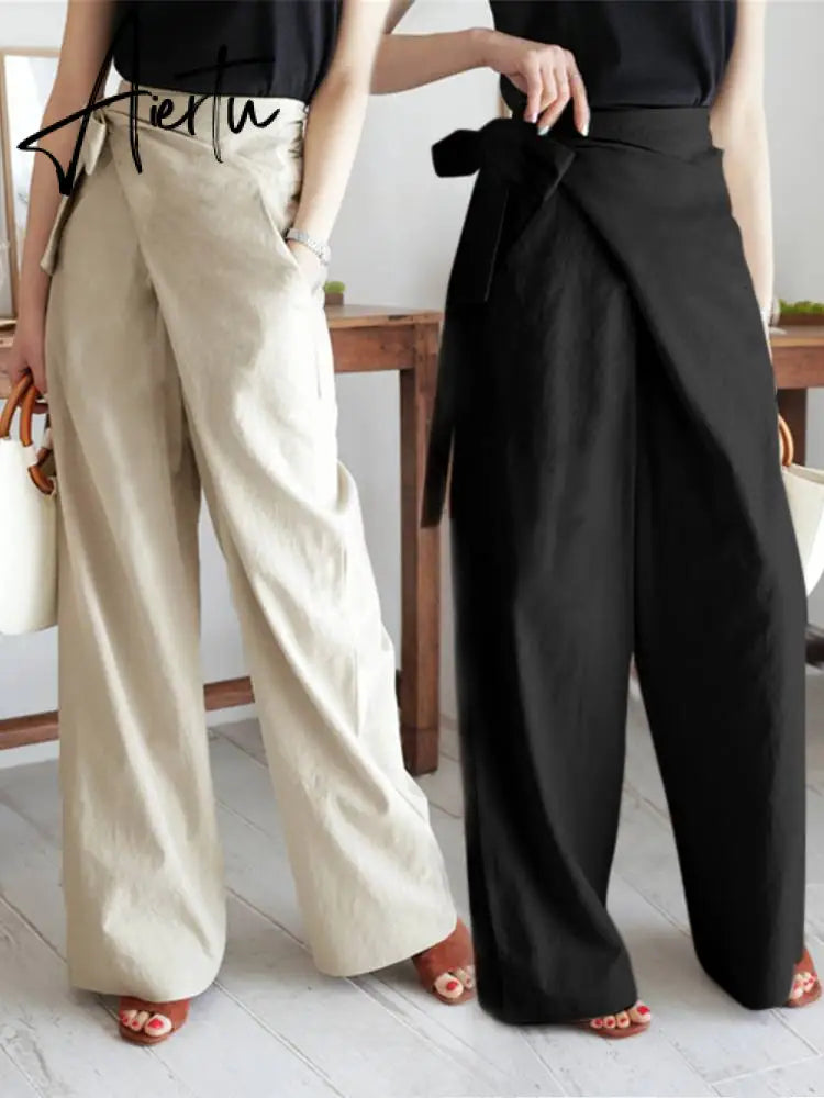 Aiertu Celmia Summer Breathable Cotton Long Pants Women Casual High Waist Lightweight Trouser Fashion Solid Wide Leg Pantalon Aiertu