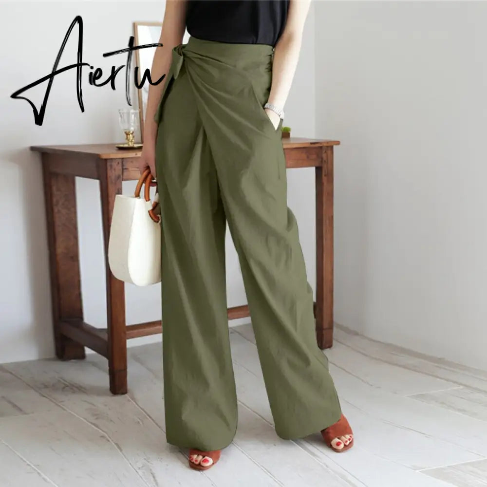 Aiertu Celmia Summer Breathable Cotton Long Pants Women Casual High Waist Lightweight Trouser Fashion Solid Wide Leg Pantalon Aiertu