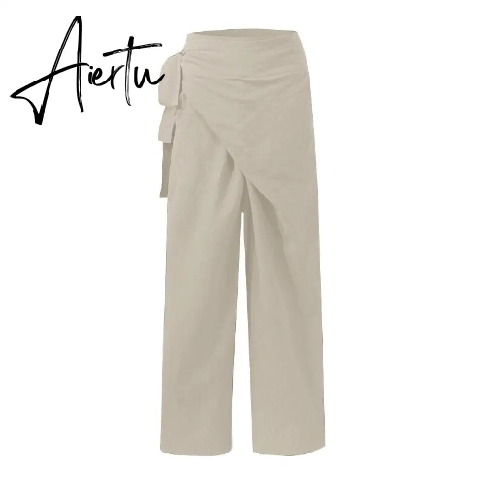 Aiertu Celmia Summer Breathable Cotton Long Pants Women Casual High Waist Lightweight Trouser Fashion Solid Wide Leg Pantalon Aiertu