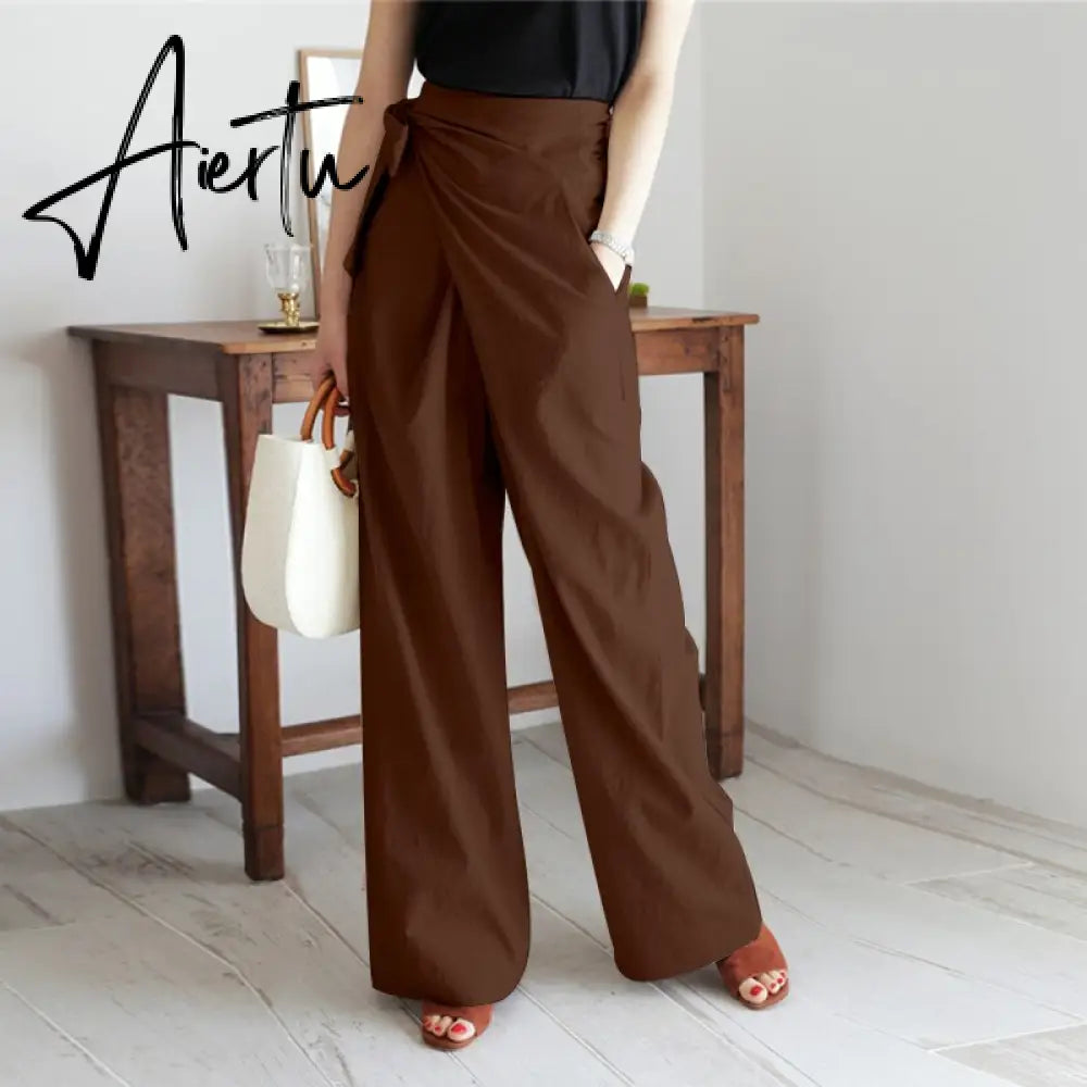 Aiertu Celmia Summer Breathable Cotton Long Pants Women Casual High Waist Lightweight Trouser Fashion Solid Wide Leg Pantalon Aiertu