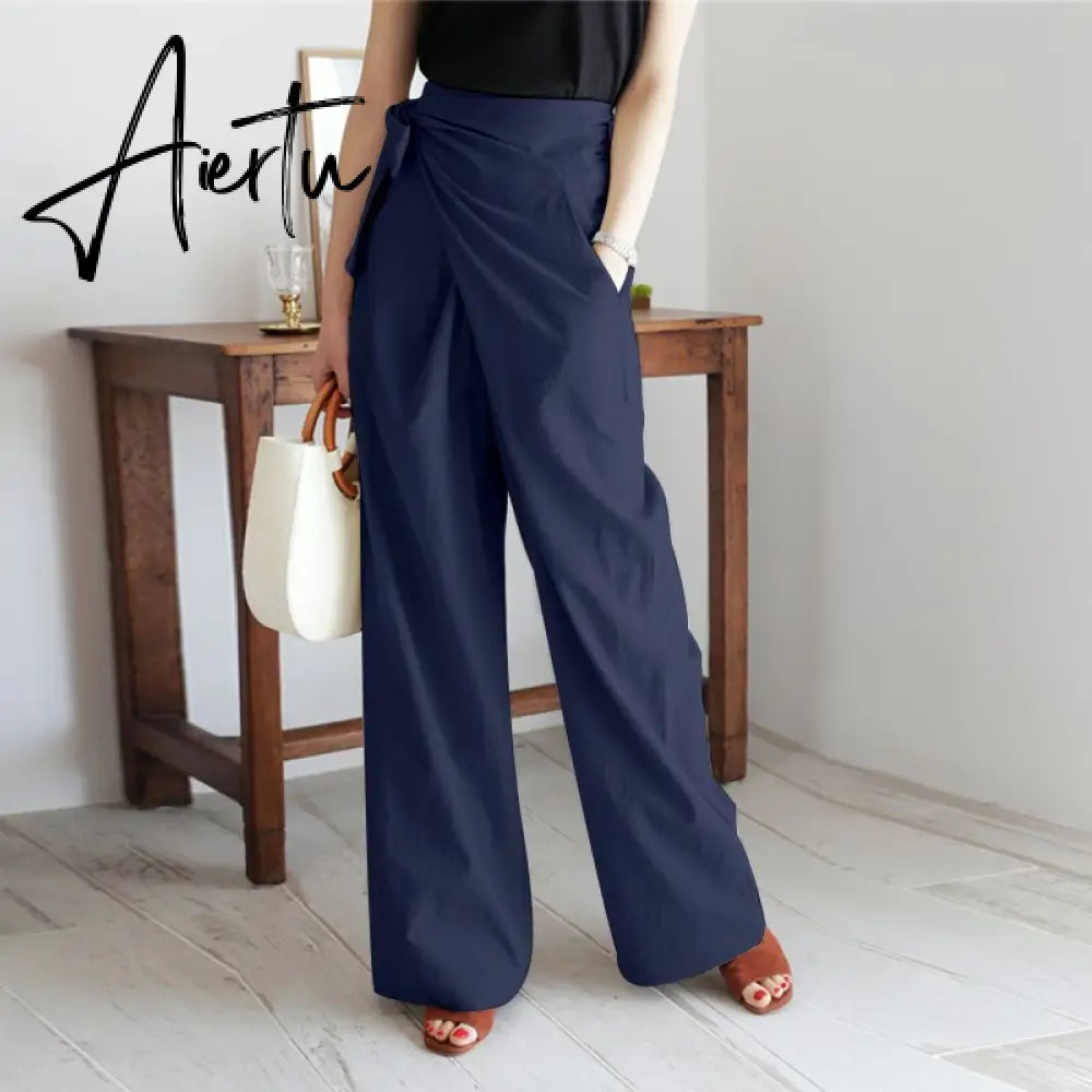 Aiertu Celmia Summer Breathable Cotton Long Pants Women Casual High Waist Lightweight Trouser Fashion Solid Wide Leg Pantalon Aiertu