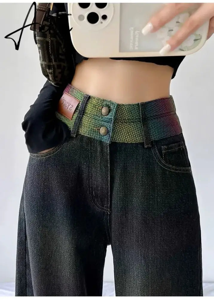 Aiertu Chic Double Waistband Vintage Wide Leg Jeans Women Autumn High Waist Bagge Cargo Pants Woman Y2K Streetwear Loose Denim Trousers Aiertu