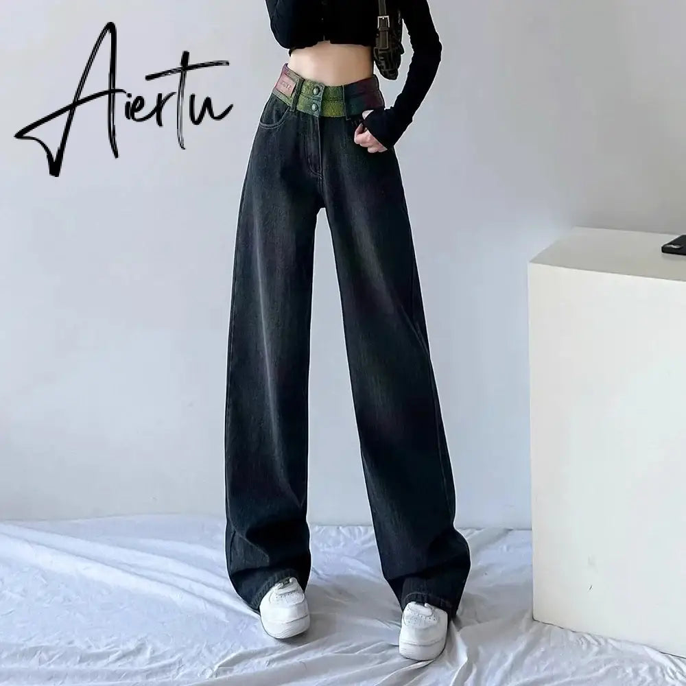 Aiertu Chic Double Waistband Vintage Wide Leg Jeans Women Autumn High Waist Bagge Cargo Pants Woman Y2K Streetwear Loose Denim Trousers Aiertu