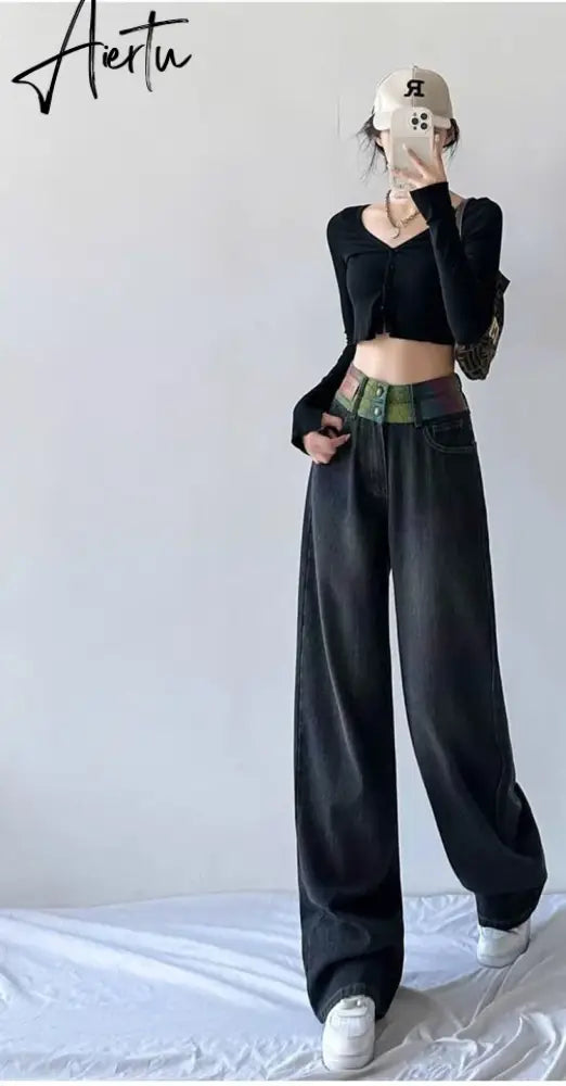 Aiertu Chic Double Waistband Vintage Wide Leg Jeans Women Autumn High Waist Bagge Cargo Pants Woman Y2K Streetwear Loose Denim Trousers Aiertu