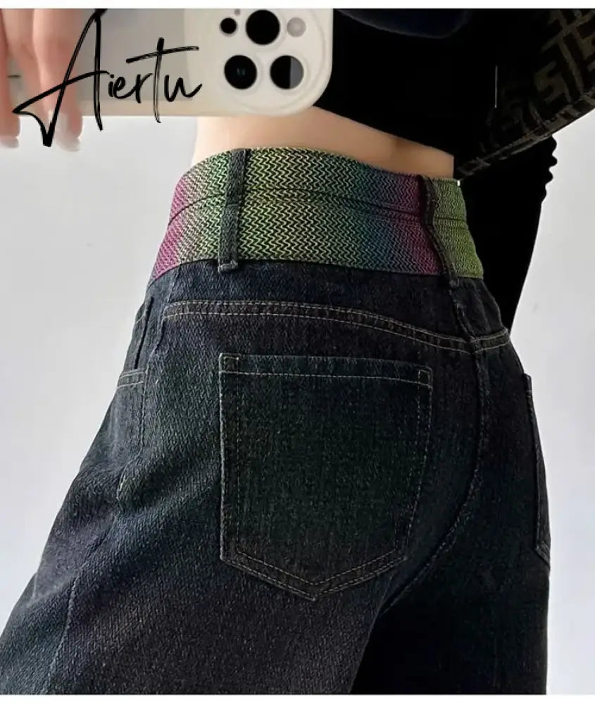 Aiertu Chic Double Waistband Vintage Wide Leg Jeans Women Autumn High Waist Bagge Cargo Pants Woman Y2K Streetwear Loose Denim Trousers Aiertu