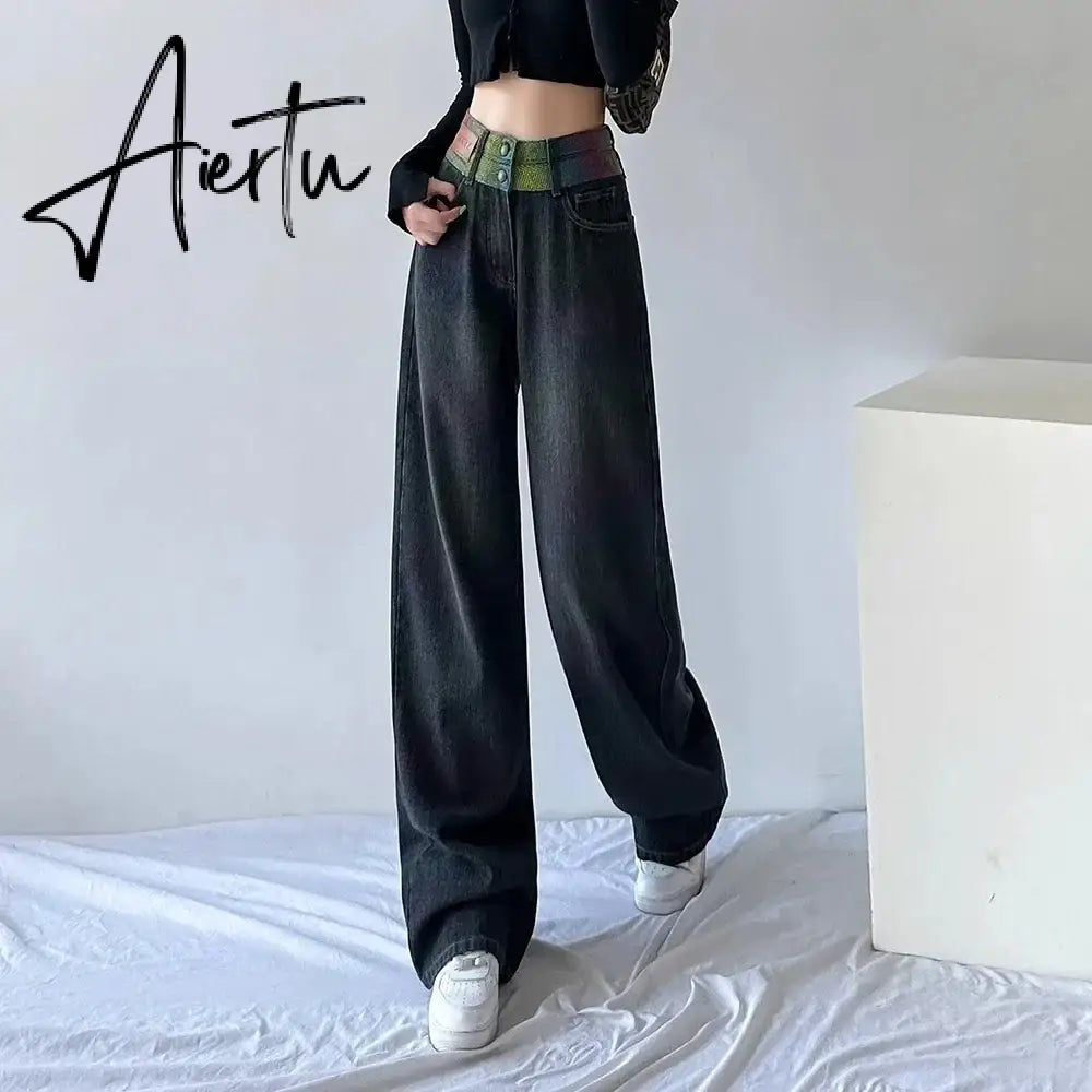 Aiertu Chic Double Waistband Vintage Wide Leg Jeans Women Autumn High Waist Bagge Cargo Pants Woman Y2K Streetwear Loose Denim Trousers Aiertu