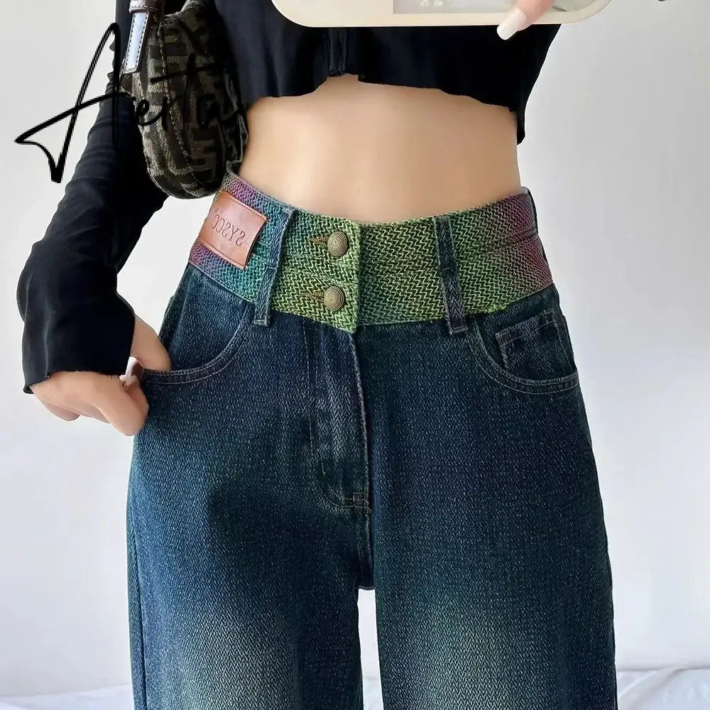 Aiertu Chic Double Waistband Vintage Wide Leg Jeans Women Autumn High Waist Bagge Cargo Pants Woman Y2K Streetwear Loose Denim Trousers Aiertu