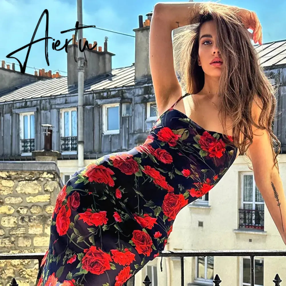 Aiertu Chic Fresh Rural Style Long Skirts Fashion Slim Fit Printed Suspended Dress 2023 Spring/Summer Sleeveless Off Shoulder Robes Aiertu