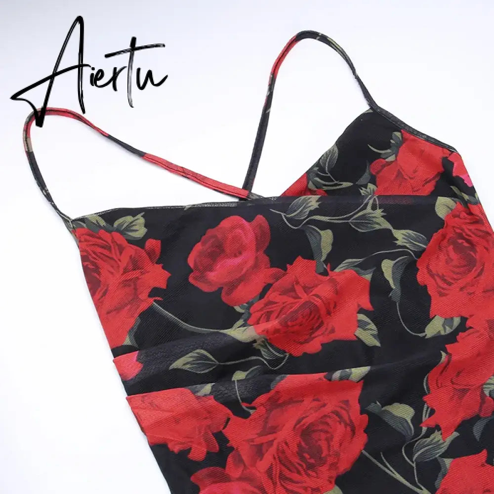 Aiertu Chic Fresh Rural Style Long Skirts Fashion Slim Fit Printed Suspended Dress 2023 Spring/Summer Sleeveless Off Shoulder Robes Aiertu