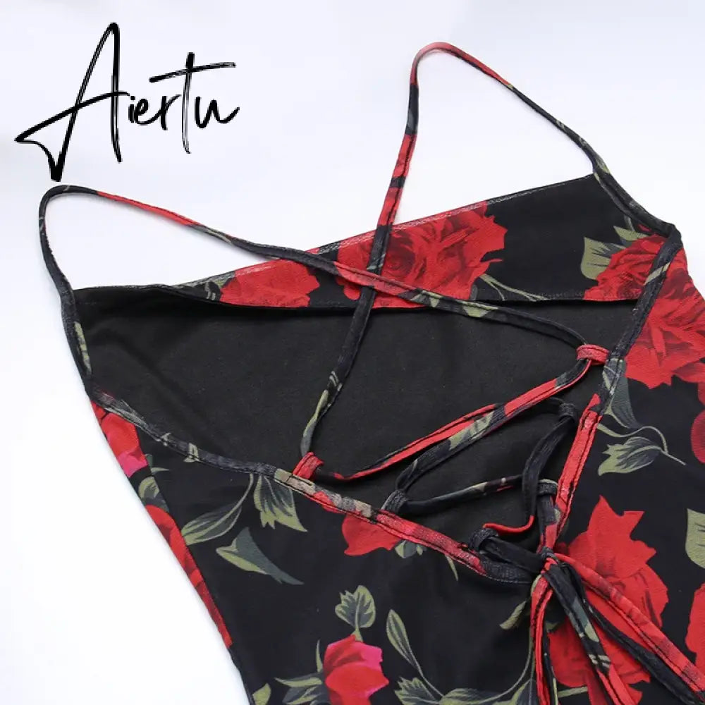 Aiertu Chic Fresh Rural Style Long Skirts Fashion Slim Fit Printed Suspended Dress 2023 Spring/Summer Sleeveless Off Shoulder Robes Aiertu