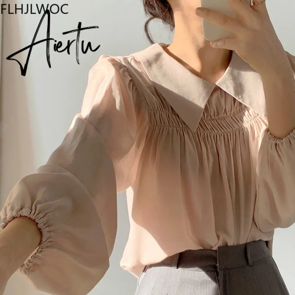 Aiertu Chic Korea Japanese Fenimine Clothes Women New Design Long Sleeve Solid Retro Vintage Black Pink Cute Tops And Blouses Aiertu