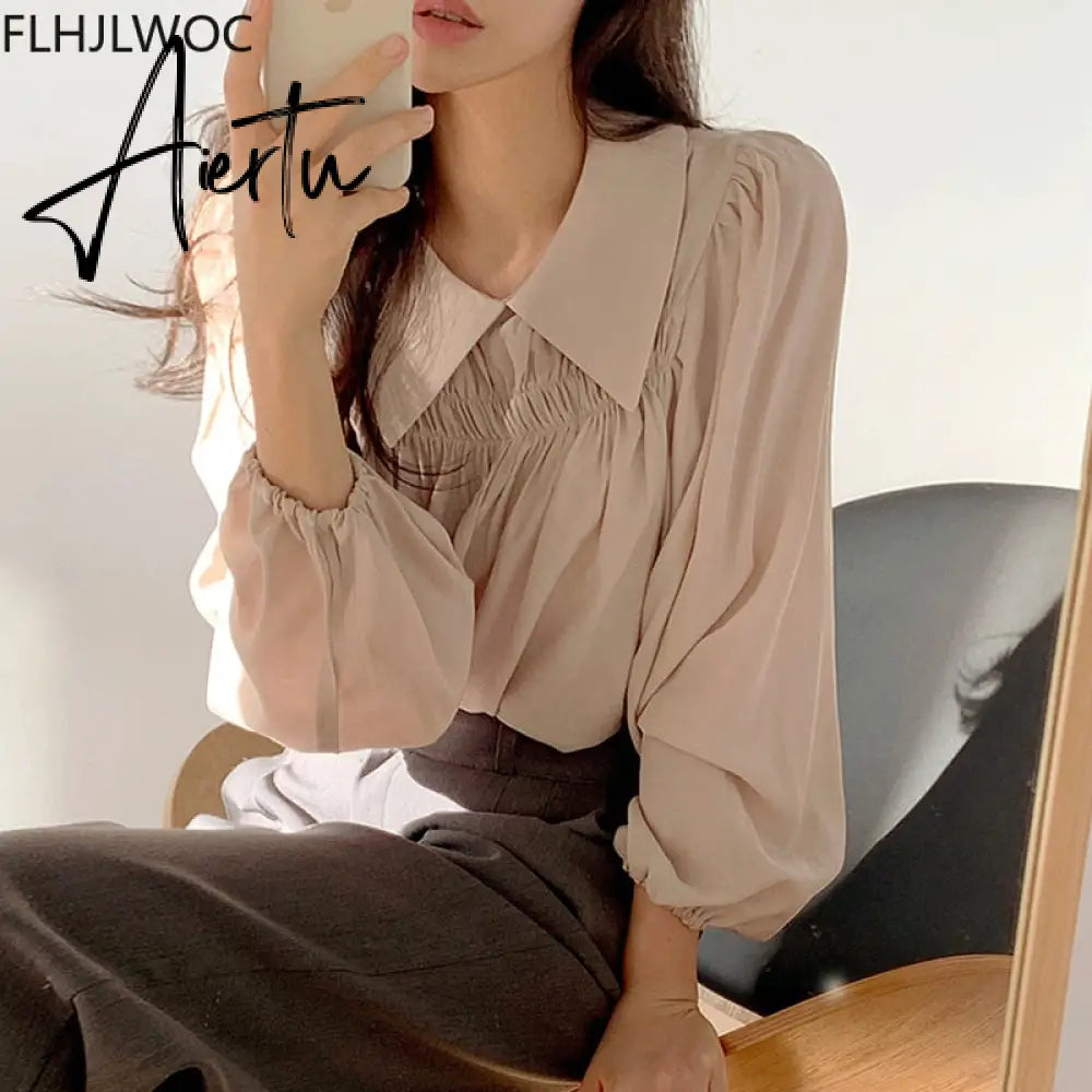 Aiertu Chic Korea Japanese Fenimine Clothes Women New Design Long Sleeve Solid Retro Vintage Black Pink Cute Tops And Blouses Aiertu