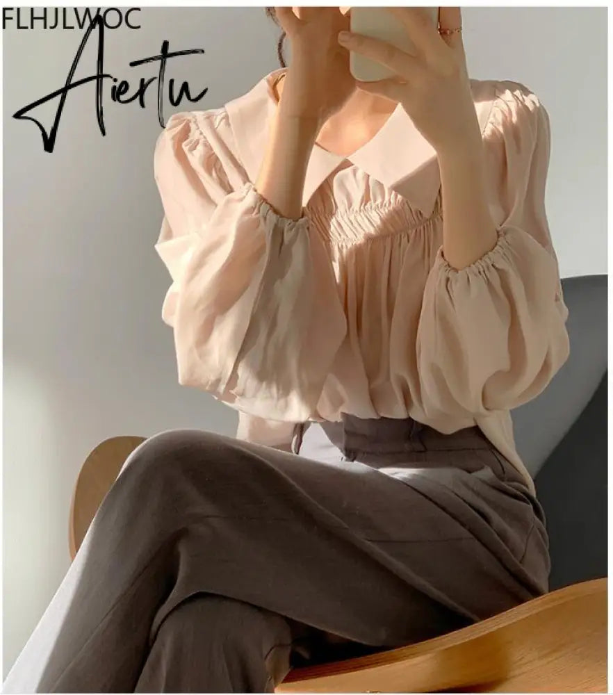 Aiertu Chic Korea Japanese Fenimine Clothes Women New Design Long Sleeve Solid Retro Vintage Black Pink Cute Tops And Blouses Aiertu