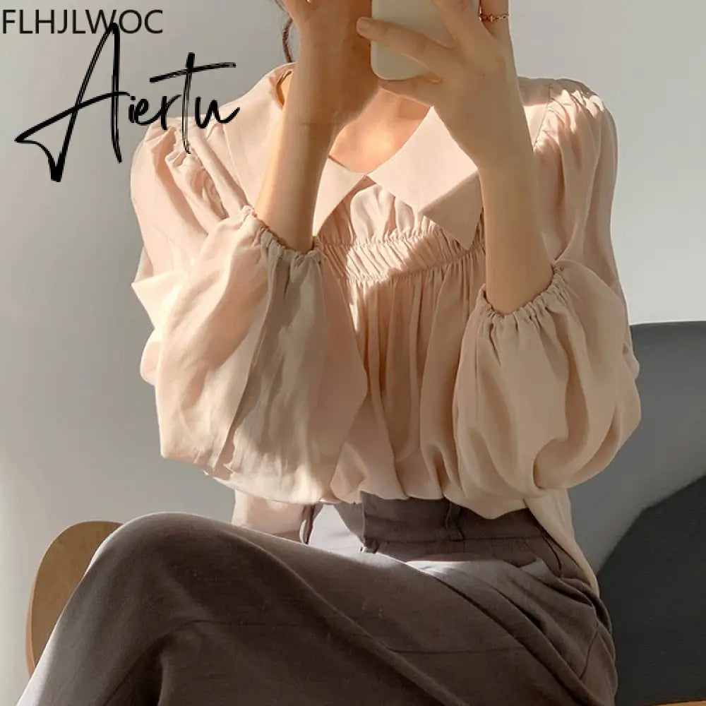 Aiertu Chic Korea Japanese Fenimine Clothes Women New Design Long Sleeve Solid Retro Vintage Black Pink Cute Tops And Blouses Aiertu