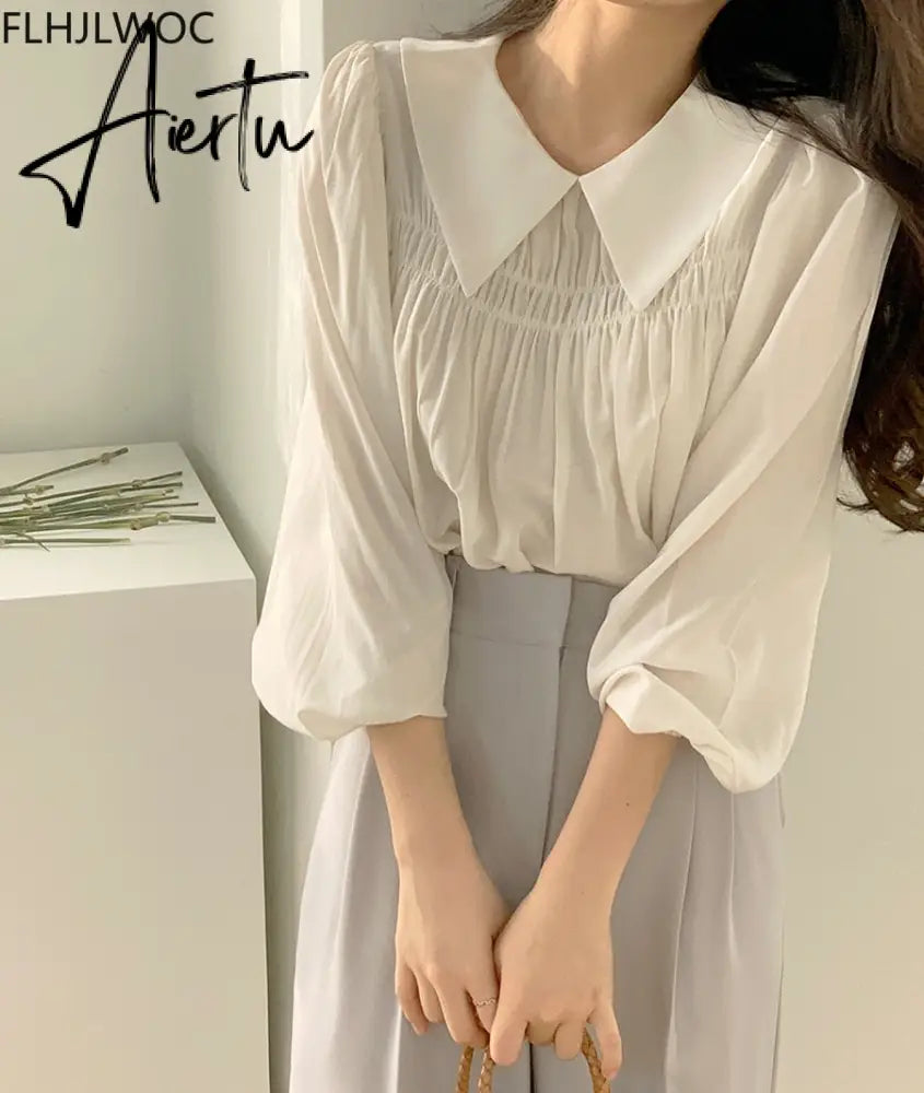 Aiertu Chic Korea Japanese Fenimine Clothes Women New Design Long Sleeve Solid Retro Vintage Black Pink Cute Tops And Blouses Aiertu