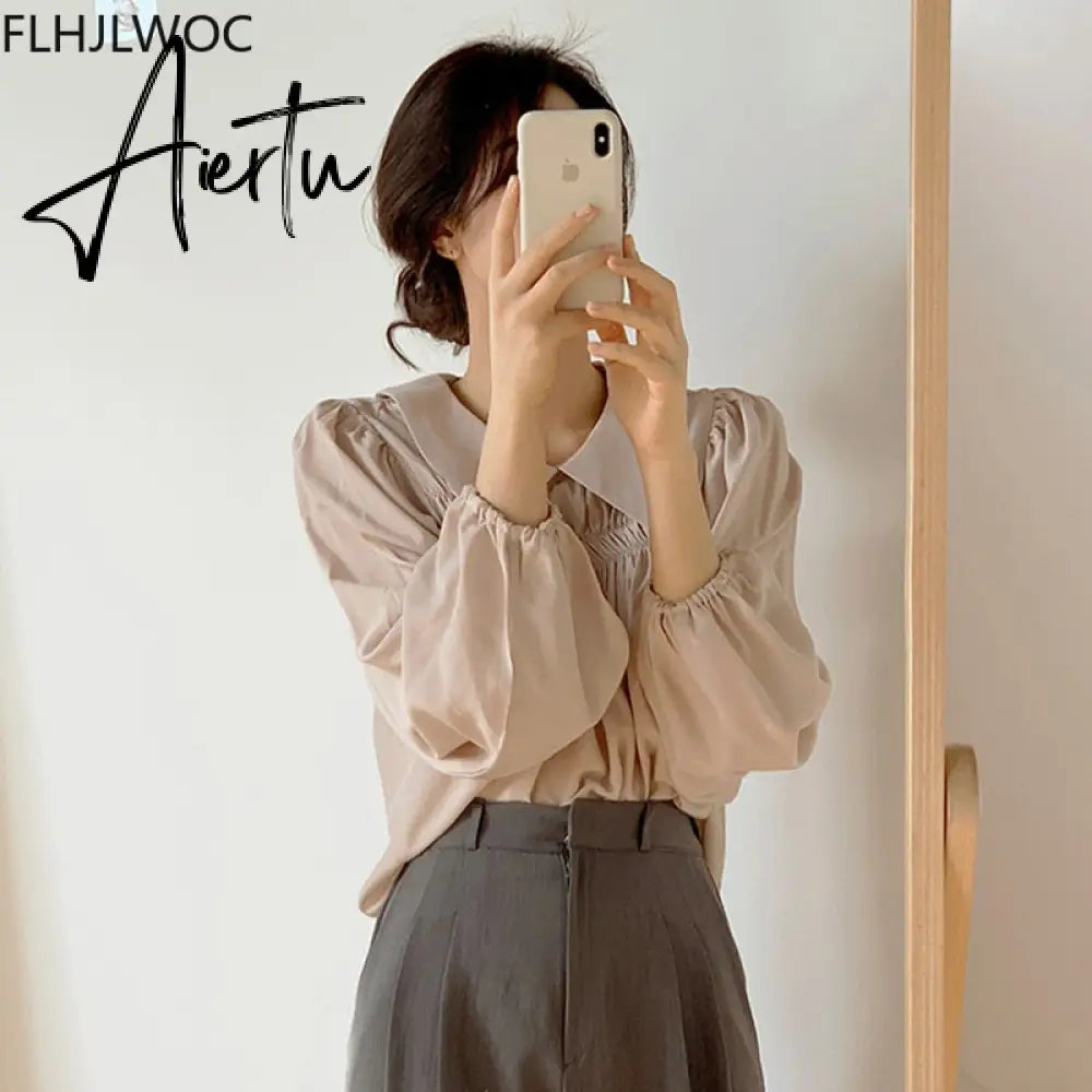 Aiertu Chic Korea Japanese Fenimine Clothes Women New Design Long Sleeve Solid Retro Vintage Black Pink Cute Tops And Blouses Aiertu