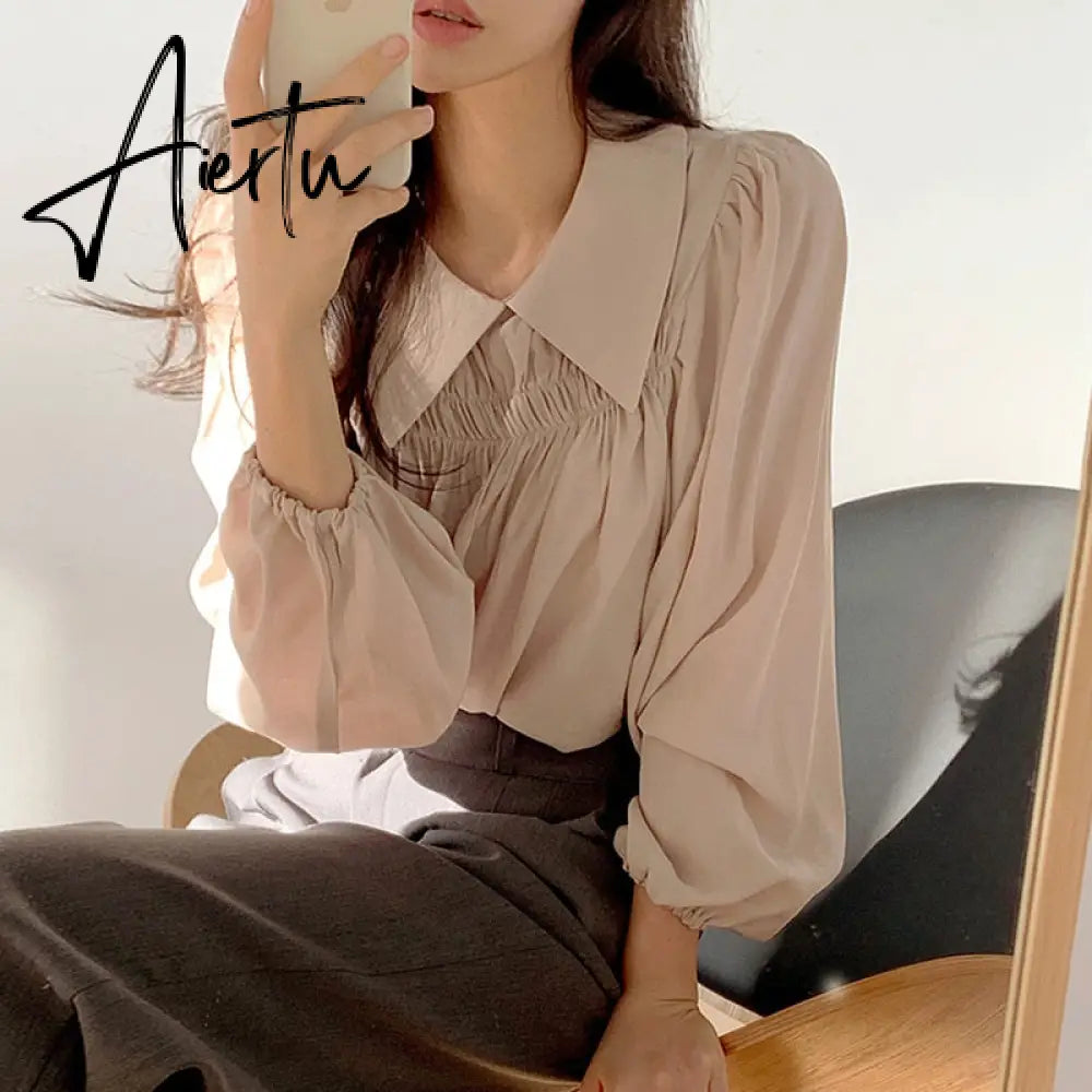 Aiertu Chic Korea Japanese Fenimine Clothes Women New Design Long Sleeve Solid Retro Vintage Black Pink Cute Tops And Blouses Aiertu