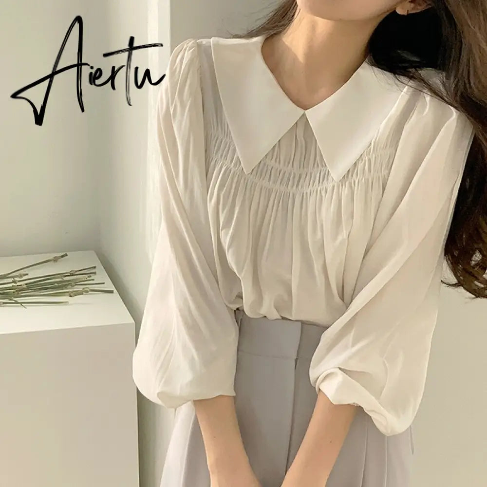 Aiertu Chic Korea Japanese Fenimine Clothes Women New Design Long Sleeve Solid Retro Vintage Black Pink Cute Tops And Blouses Aiertu