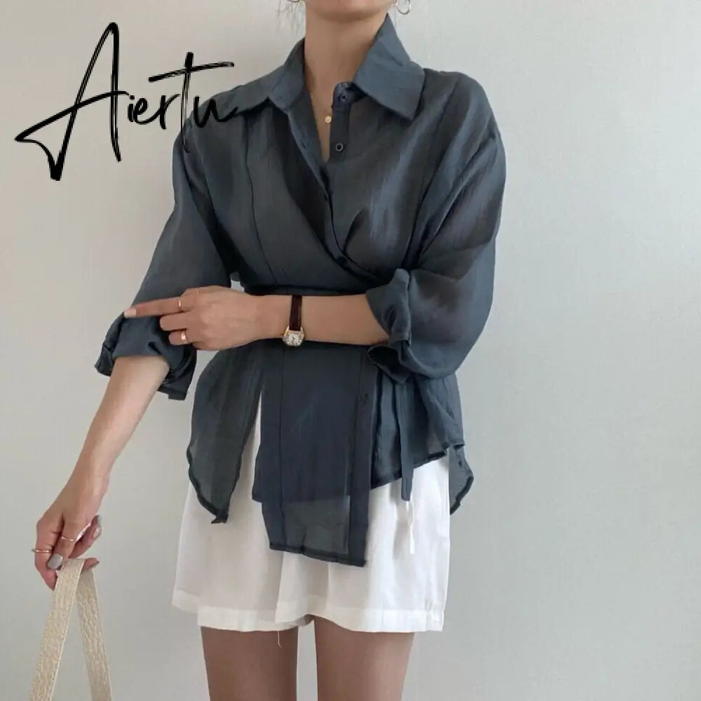 Aiertu Chic Loose Long Sleeve Blouse Women Clothing Irregular White Sunscreen Shirt Women  Fashion Casual Button Shirts Tops Aiertu