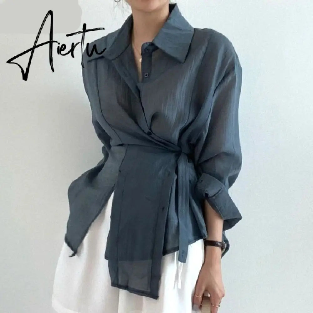 Aiertu Chic Loose Long Sleeve Blouse Women Clothing Irregular White Sunscreen Shirt Women  Fashion Casual Button Shirts Tops Aiertu