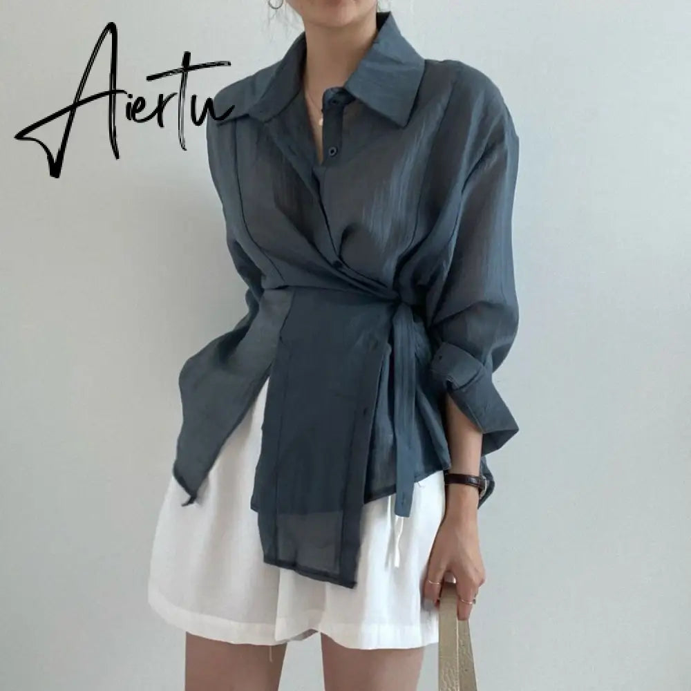 Aiertu Chic Loose Long Sleeve Blouse Women Clothing Irregular White Sunscreen Shirt Women  Fashion Casual Button Shirts Tops Aiertu