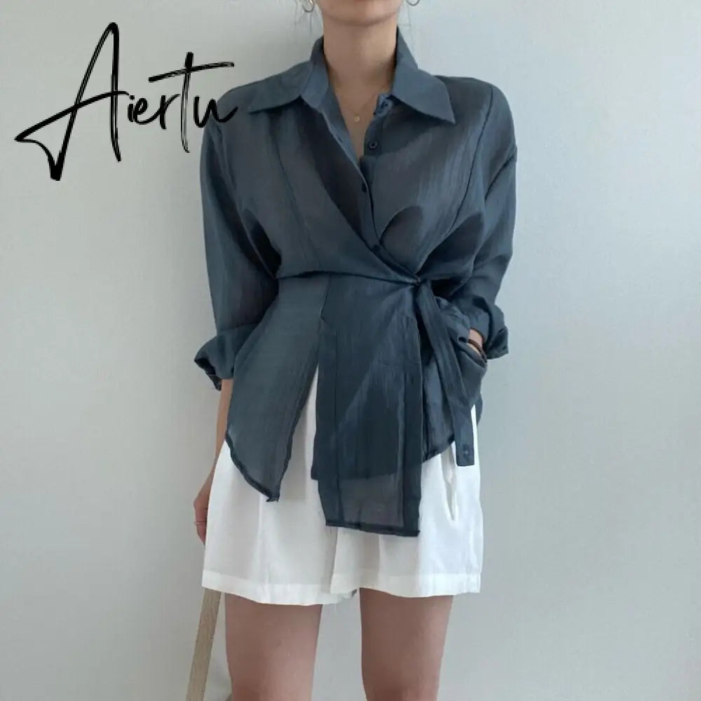 Aiertu Chic Loose Long Sleeve Blouse Women Clothing Irregular White Sunscreen Shirt Women  Fashion Casual Button Shirts Tops Aiertu