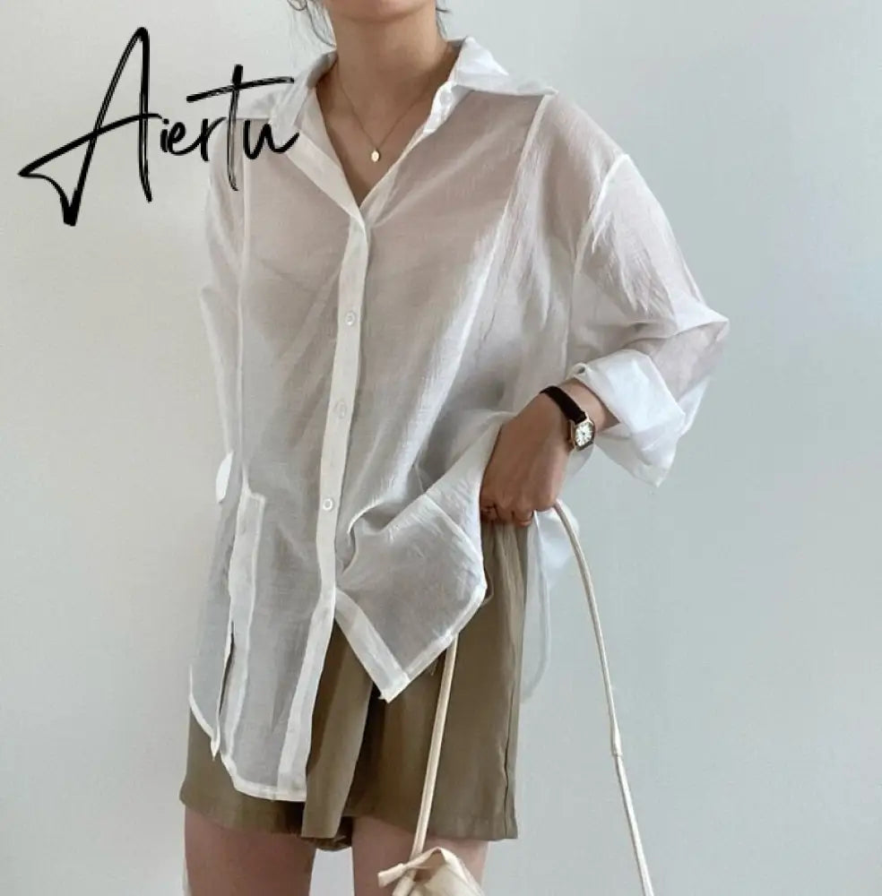 Aiertu Chic Loose Long Sleeve Blouse Women Clothing Irregular White Sunscreen Shirt Women  Fashion Casual Button Shirts Tops Aiertu
