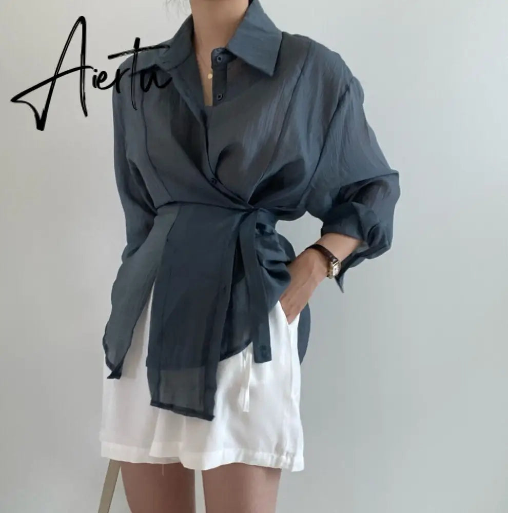 Aiertu Chic Loose Long Sleeve Blouse Women Clothing Irregular White Sunscreen Shirt Women  Fashion Casual Button Shirts Tops Aiertu