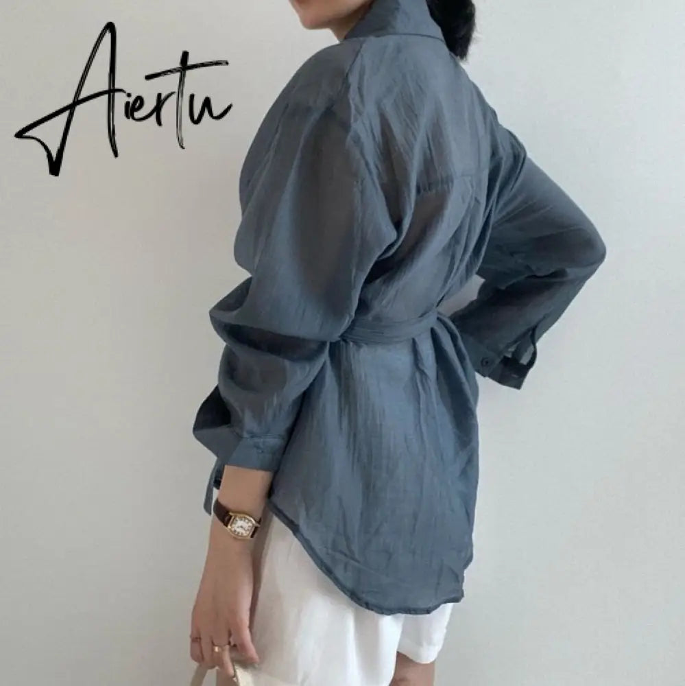 Aiertu Chic Loose Long Sleeve Blouse Women Clothing Irregular White Sunscreen Shirt Women  Fashion Casual Button Shirts Tops Aiertu