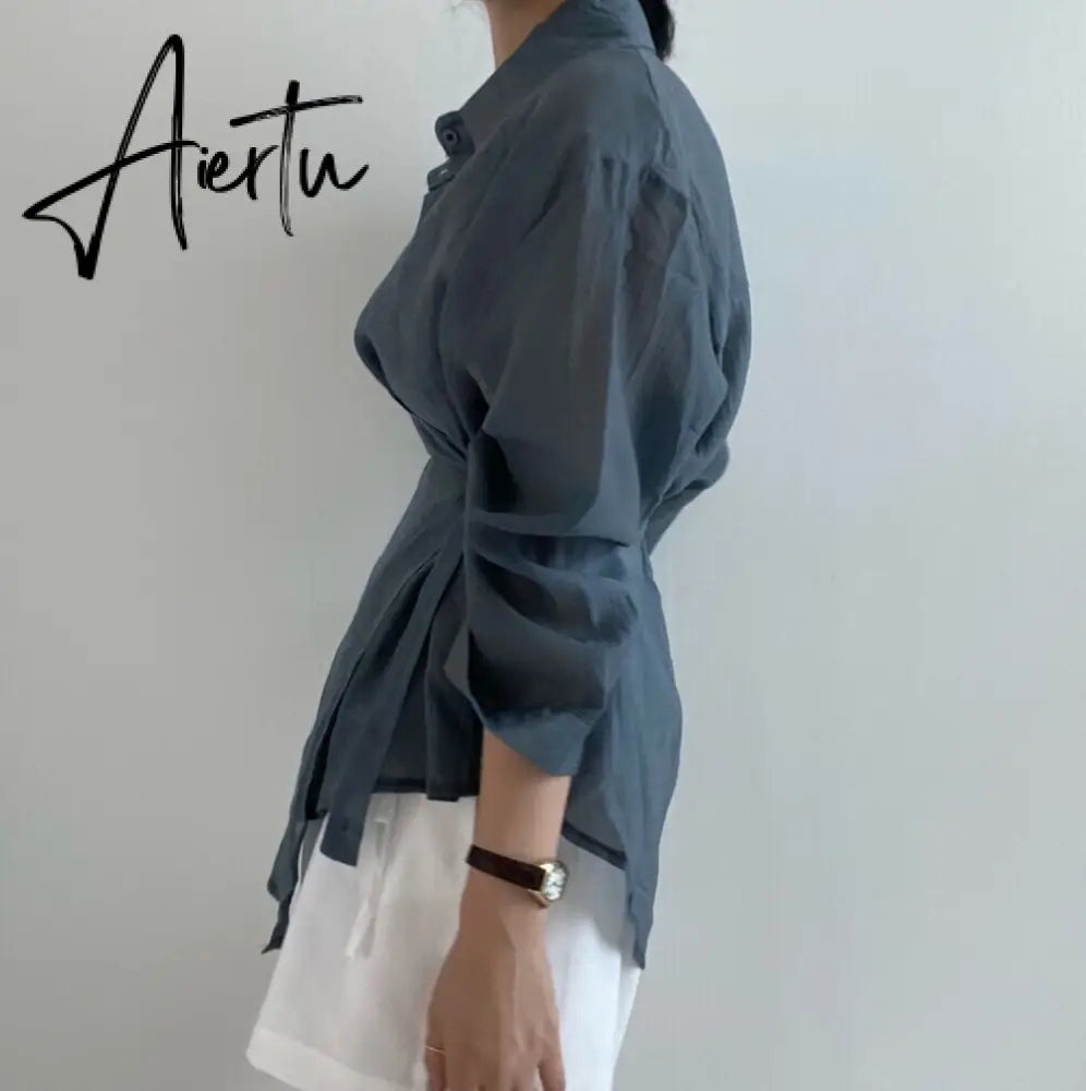 Aiertu Chic Loose Long Sleeve Blouse Women Clothing Irregular White Sunscreen Shirt Women  Fashion Casual Button Shirts Tops Aiertu