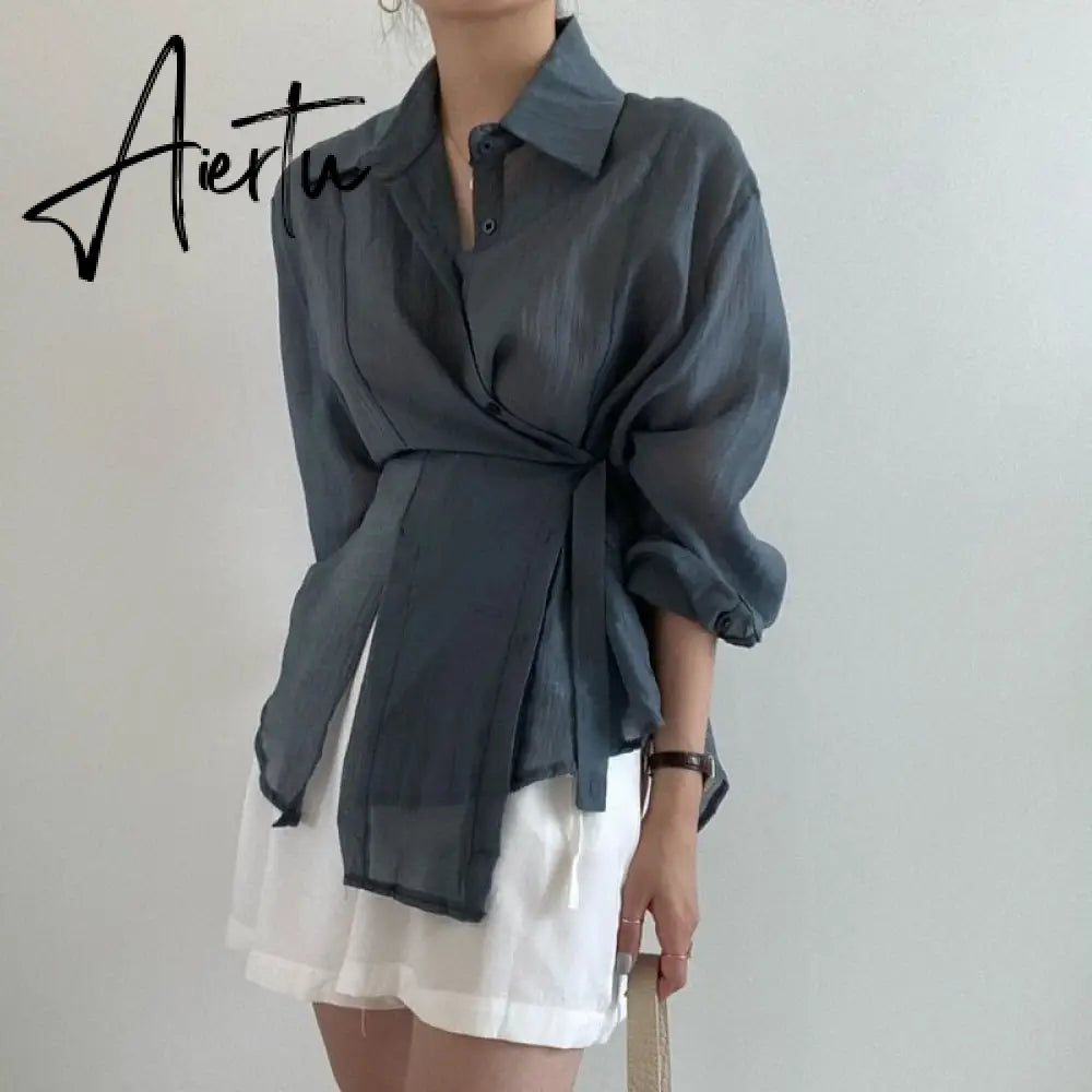 Aiertu Chic Loose Long Sleeve Blouse Women Clothing Irregular White Sunscreen Shirt Women  Fashion Casual Button Shirts Tops Aiertu