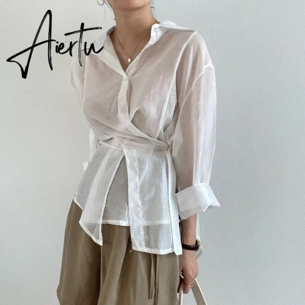 Aiertu Chic Loose Long Sleeve Blouse Women Clothing Irregular White Sunscreen Shirt Women  Fashion Casual Button Shirts Tops Aiertu