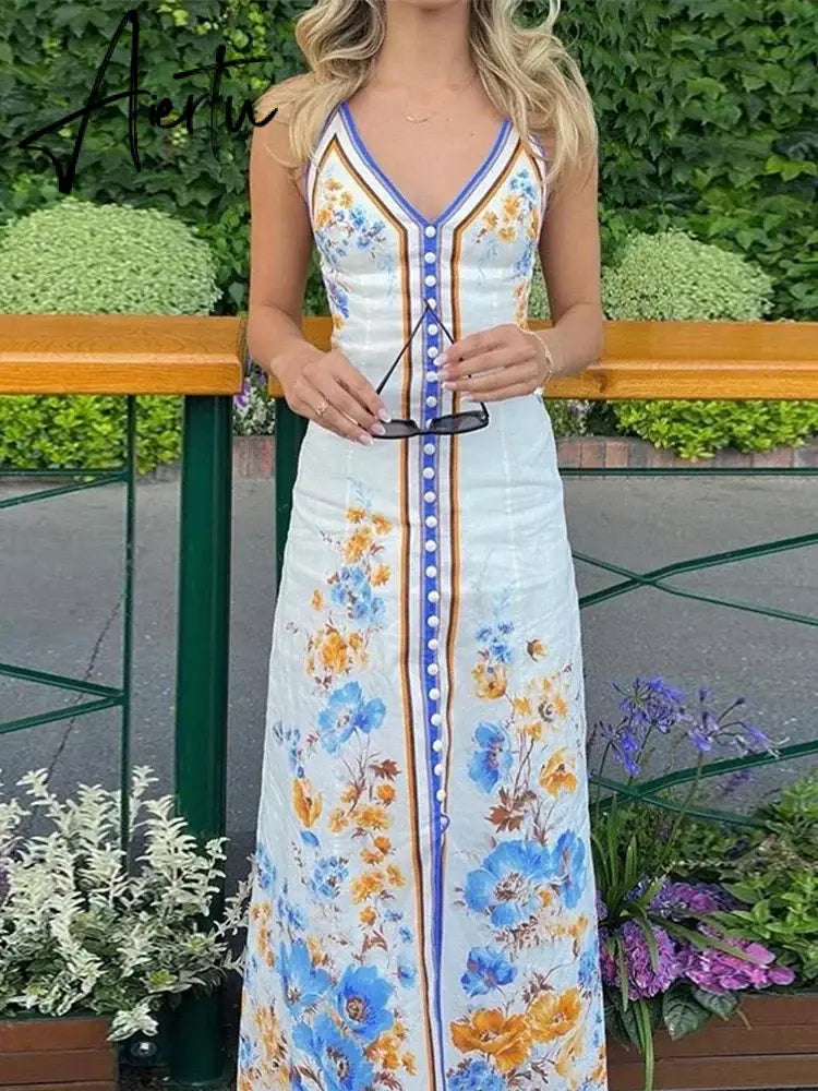 Aiertu Chic Printed Hanging Neck Maxi Dress for Women 2024 Fashion Summer Sleeveless Female Dresses Vacation Beach Lady Backless Robes Aiertu