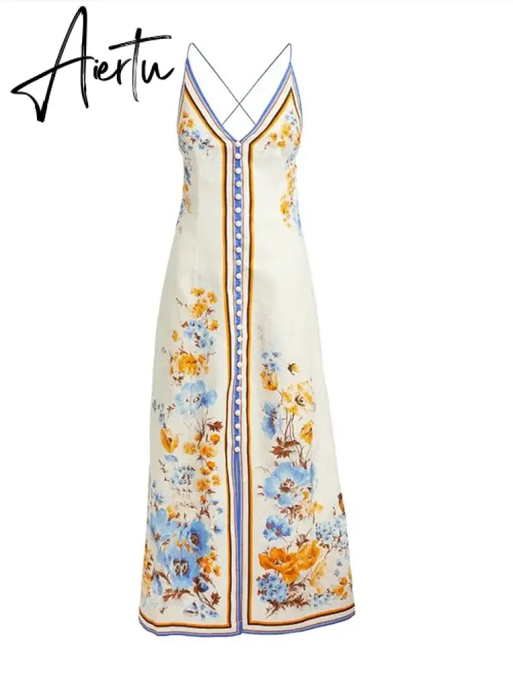 Aiertu Chic Printed Hanging Neck Maxi Dress for Women 2024 Fashion Summer Sleeveless Female Dresses Vacation Beach Lady Backless Robes Aiertu