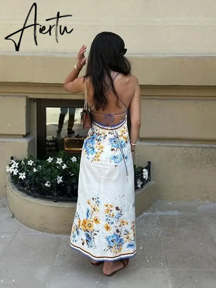 Aiertu Chic Printed Hanging Neck Maxi Dress for Women 2024 Fashion Summer Sleeveless Female Dresses Vacation Beach Lady Backless Robes Aiertu