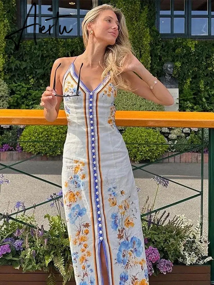 Aiertu Chic Printed Hanging Neck Maxi Dress for Women 2024 Fashion Summer Sleeveless Female Dresses Vacation Beach Lady Backless Robes Aiertu