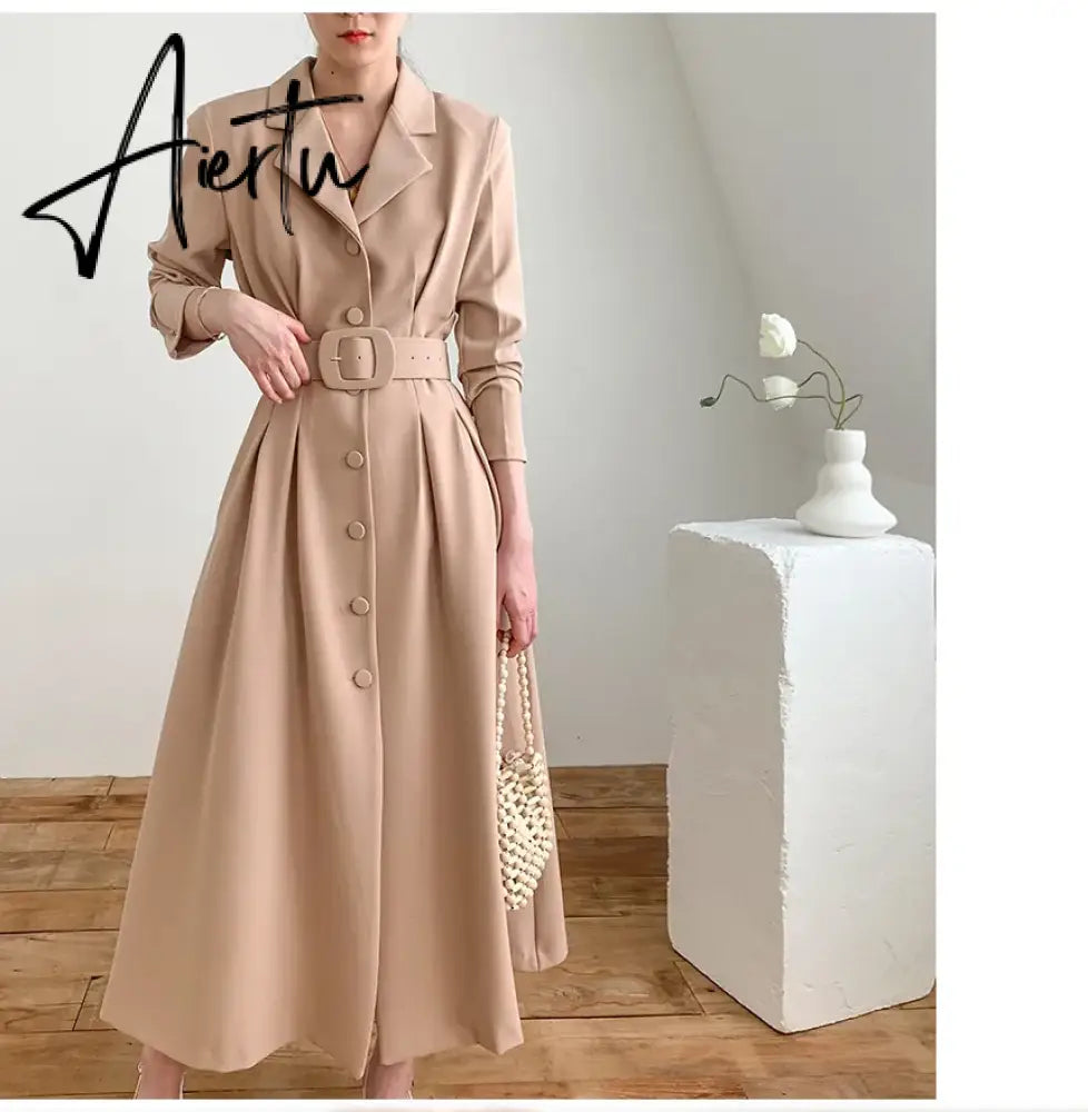 Aiertu Chic Solid Color Simple Basic Woman Dress Spring Fashion Street Women Dress Black Khaki Apricot Blue A-line Dress Female Aiertu