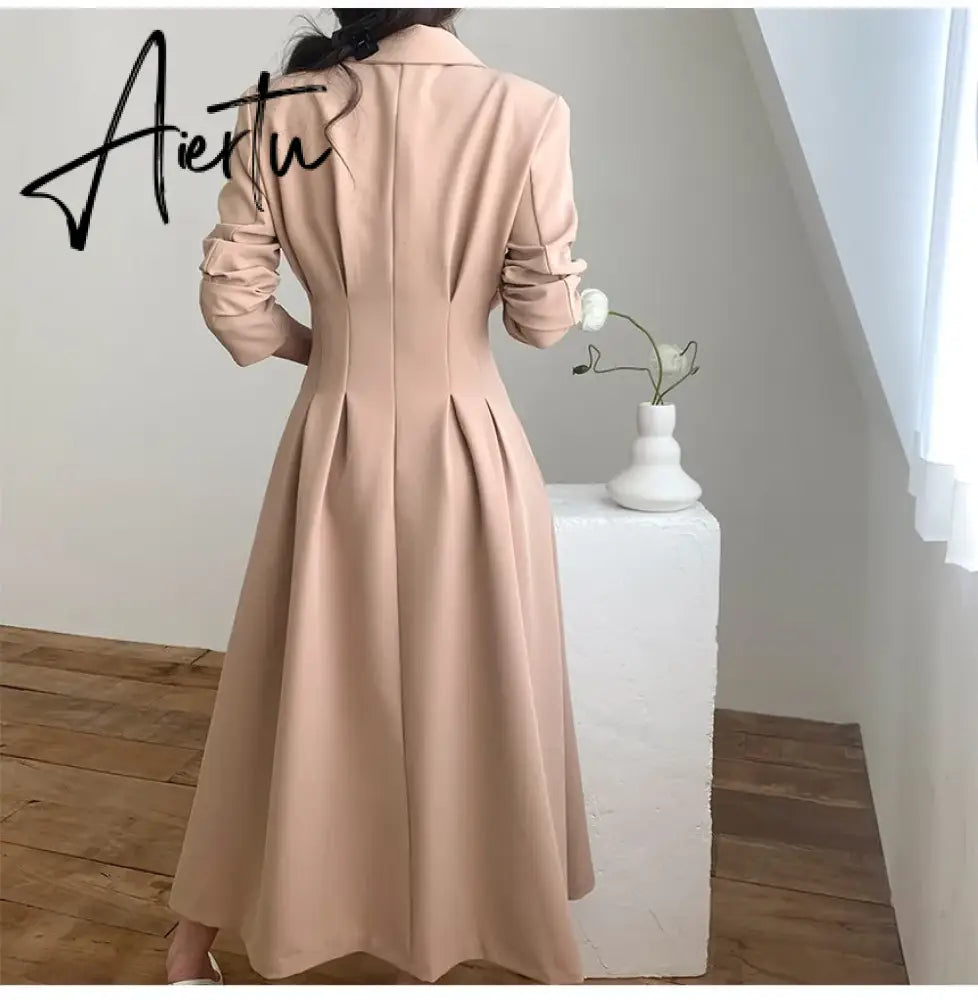 Aiertu Chic Solid Color Simple Basic Woman Dress Spring Fashion Street Women Dress Black Khaki Apricot Blue A-line Dress Female Aiertu