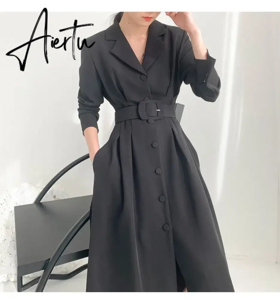 Aiertu Chic Solid Color Simple Basic Woman Dress Spring Fashion Street Women Dress Black Khaki Apricot Blue A-line Dress Female Aiertu