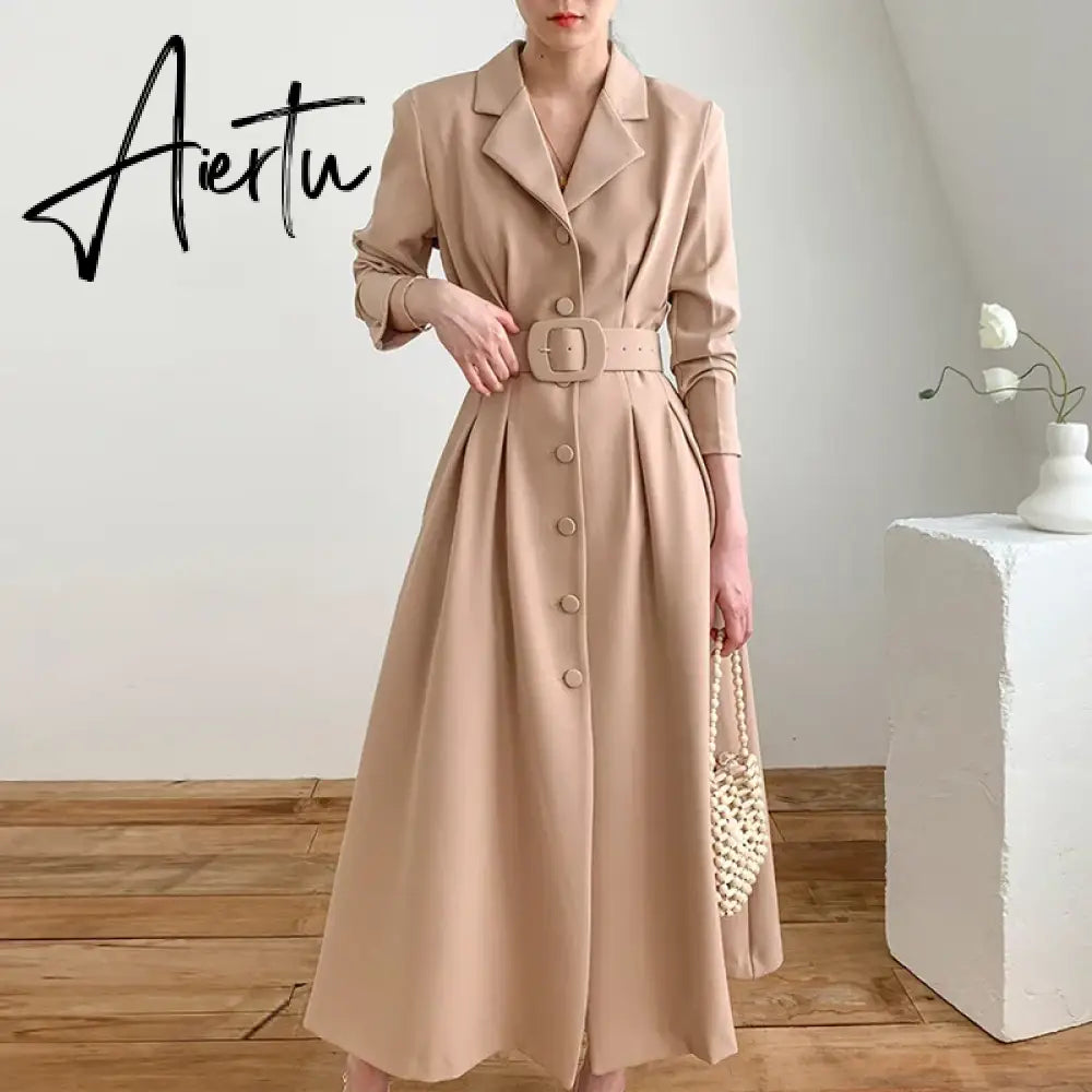 Aiertu Chic Solid Color Simple Basic Woman Dress Spring Fashion Street Women Dress Black Khaki Apricot Blue A-line Dress Female Aiertu