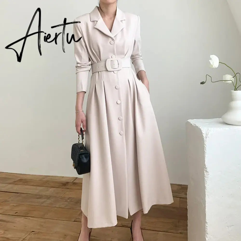 Aiertu Chic Solid Color Simple Basic Woman Dress Spring Fashion Street Women Dress Black Khaki Apricot Blue A-line Dress Female Aiertu