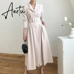 Aiertu Chic Solid Color Simple Basic Woman Dress Spring Fashion Street Women Dress Black Khaki Apricot Blue A-line Dress Female Aiertu