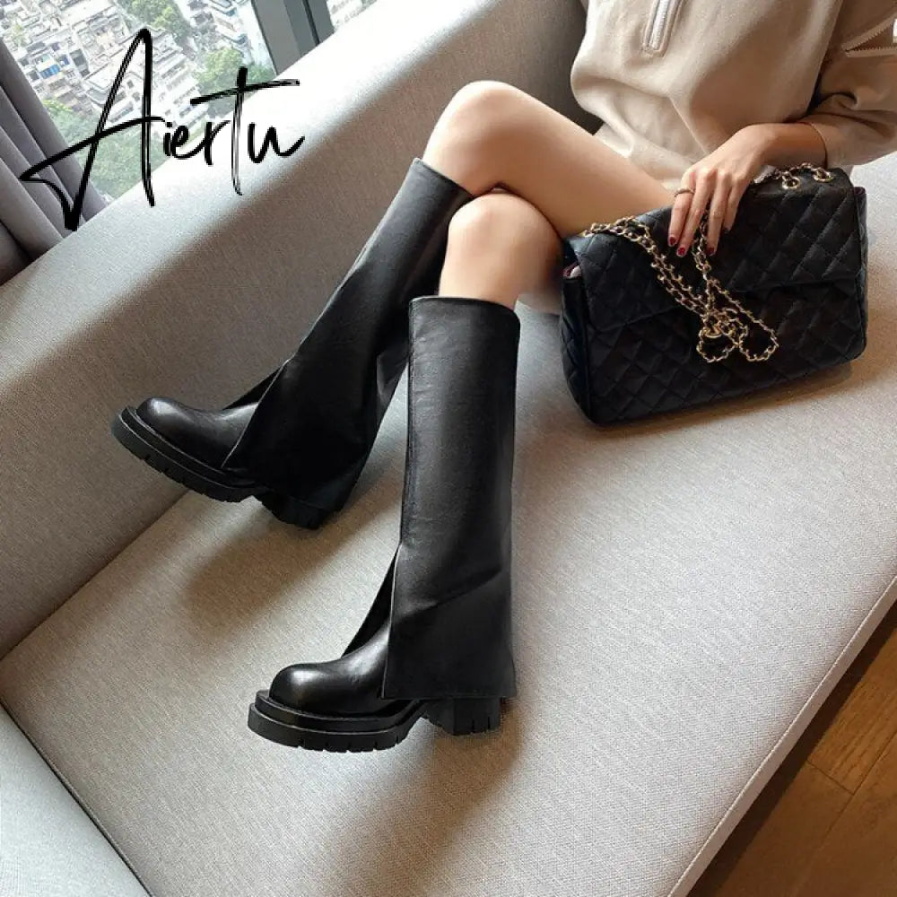 Aiertu Chic Trending Slit Trousers Pattern Kneehigh Boots for Women's Brand Natural Cow Leather Chunky Goth Boots Platform Shoes Ladies Aiertu
