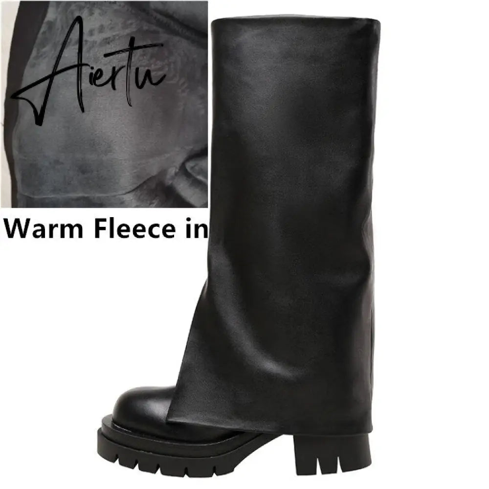 Aiertu Chic Trending Slit Trousers Pattern Kneehigh Boots for Women's Brand Natural Cow Leather Chunky Goth Boots Platform Shoes Ladies Aiertu