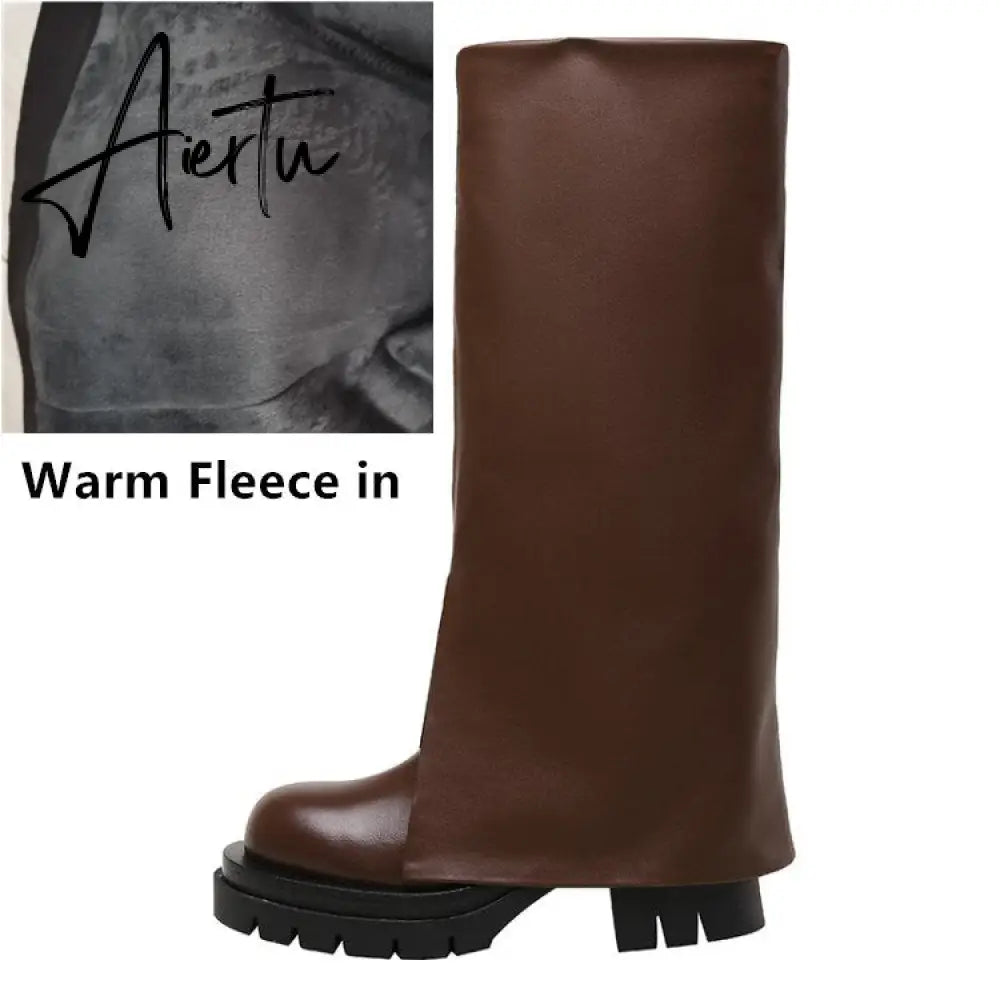 Aiertu Chic Trending Slit Trousers Pattern Kneehigh Boots for Women's Brand Natural Cow Leather Chunky Goth Boots Platform Shoes Ladies Aiertu
