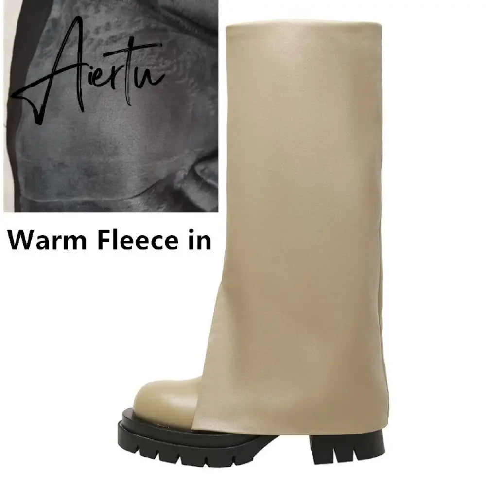 Aiertu Chic Trending Slit Trousers Pattern Kneehigh Boots for Women's Brand Natural Cow Leather Chunky Goth Boots Platform Shoes Ladies Aiertu