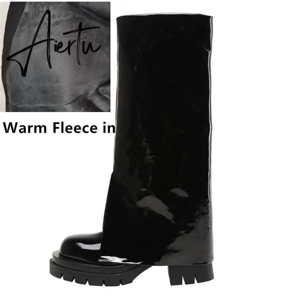 Aiertu Chic Trending Slit Trousers Pattern Kneehigh Boots for Women's Brand Natural Cow Leather Chunky Goth Boots Platform Shoes Ladies Aiertu