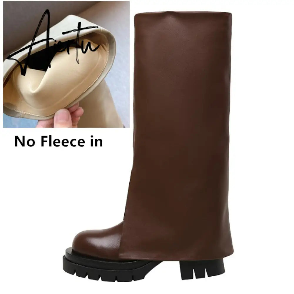 Aiertu Chic Trending Slit Trousers Pattern Kneehigh Boots for Women's Brand Natural Cow Leather Chunky Goth Boots Platform Shoes Ladies Aiertu
